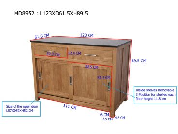 Meuble bas de cuisine 120 cm 2 portes coulissantes 2 tiroirs en bois massif