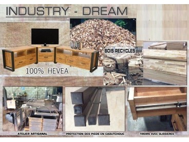 Table de Repas plateau en Hévéa recyclé naturel et pieds métal avec  croisillons 180x90x76cm LOFT, Tables à manger